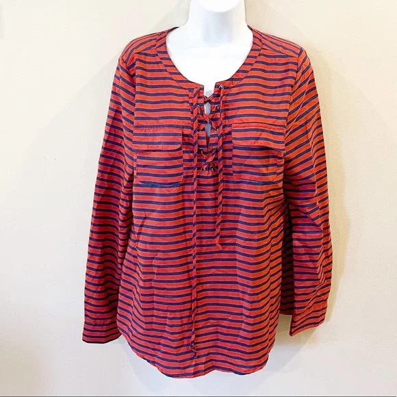 Umgee Tie Front Striped Blouse Orange Size Large - Picture 1 of 11